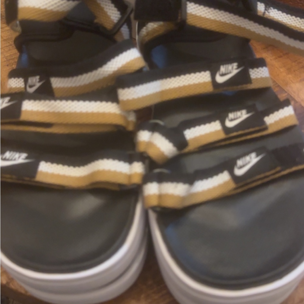 Nike Black and Gold Sandals with Retro Stripes